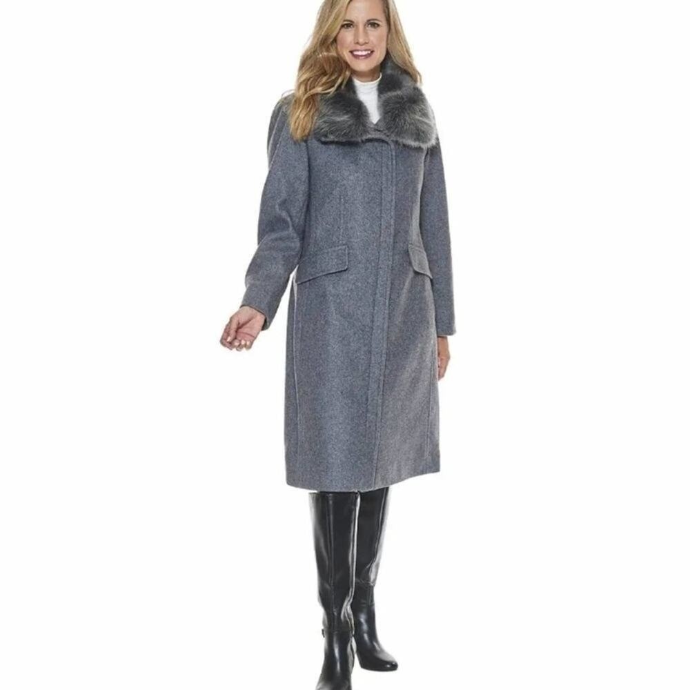 VINCE Camuto Grey Vegan fur Trim wool Long Trench coat women's size 3X new